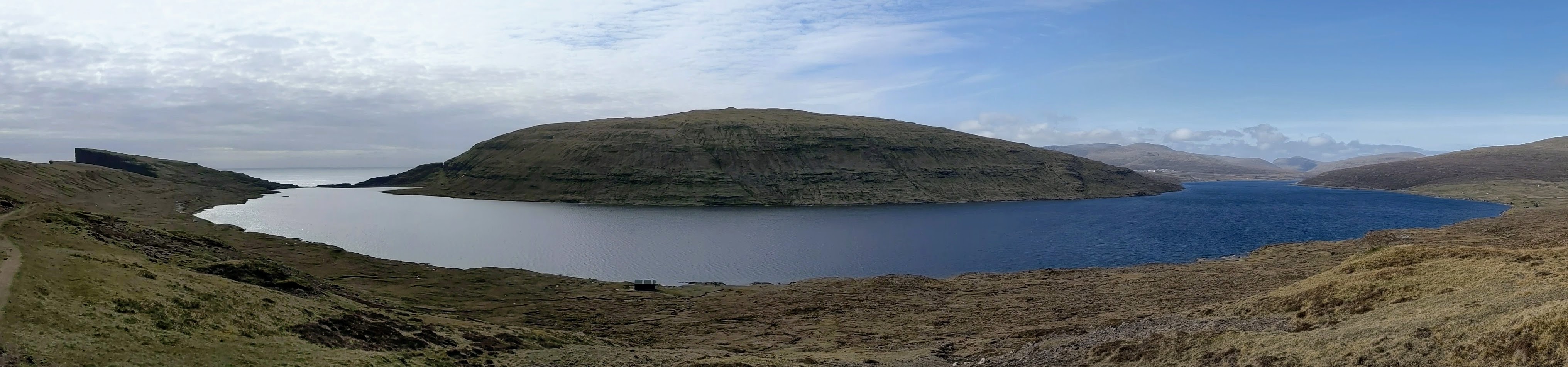 A panorama of Sorvagsvatn, one of the most popular hikes in the Faroe Islands