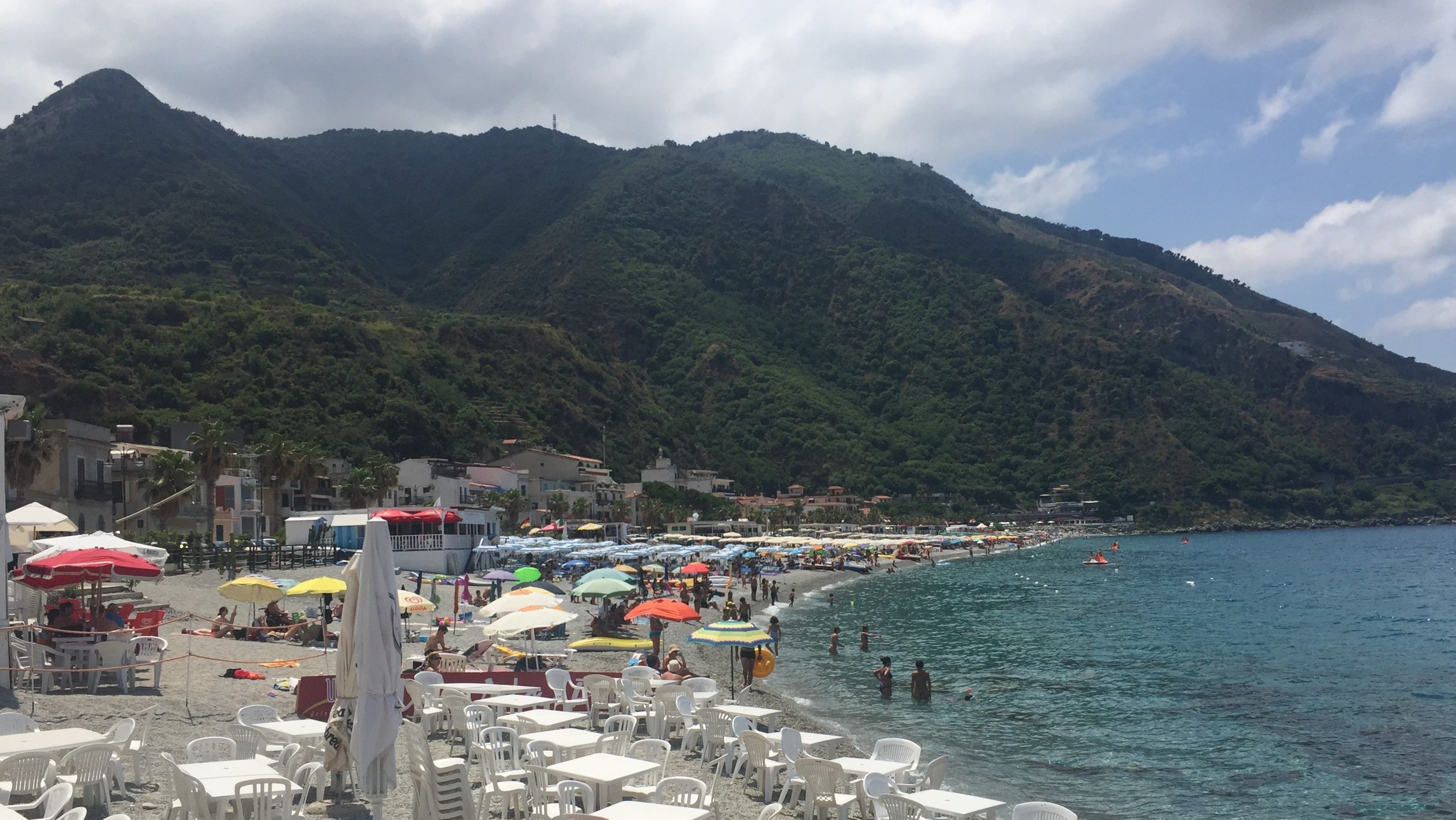 Beach clubs and beach chairs in Scilla, Calabria Italy
