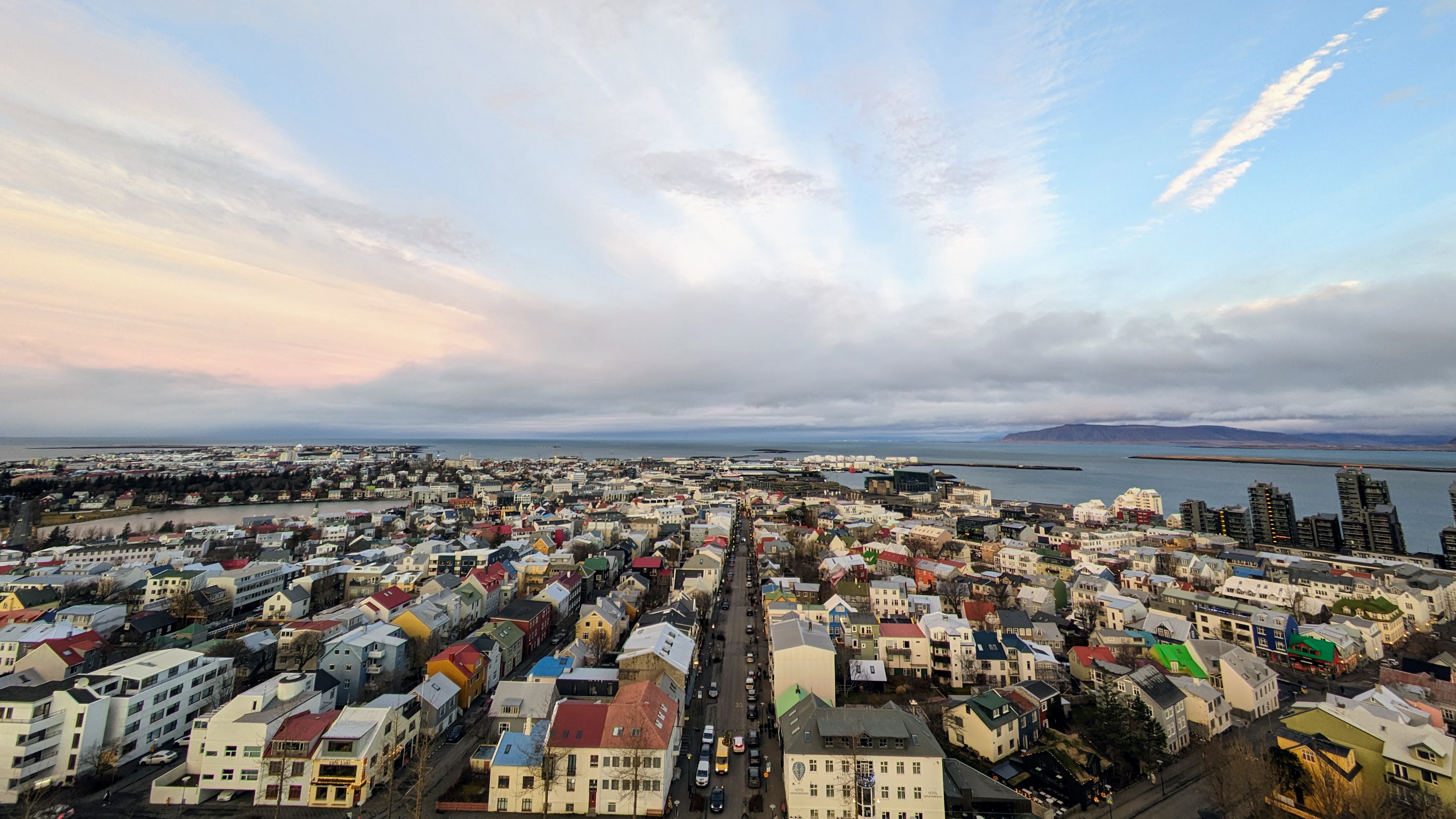 View over Reykjavik  at sunrise from the top of Hallgrimskirkja church