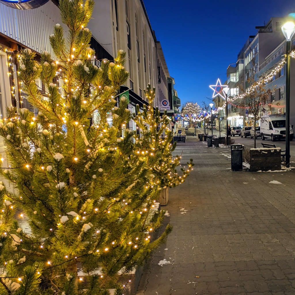 Tree with fairy lights on the main street of Akureyri, Iceland durign winter