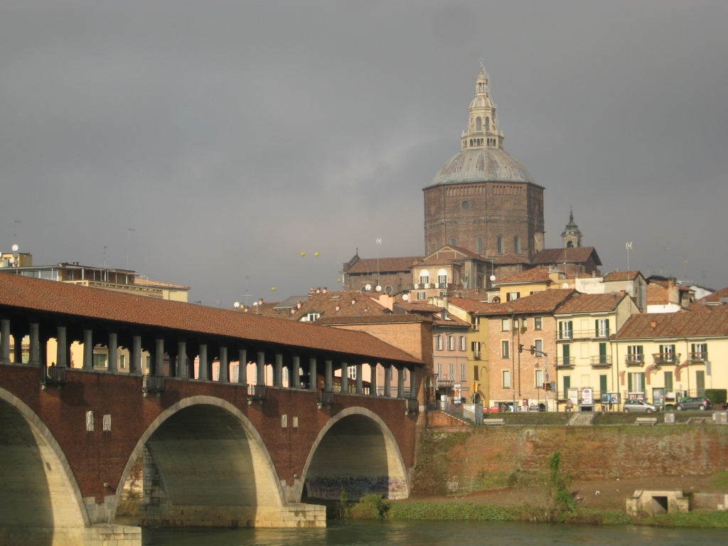 A view of the Ponte Coperato and Duomo in Pavia, Italy