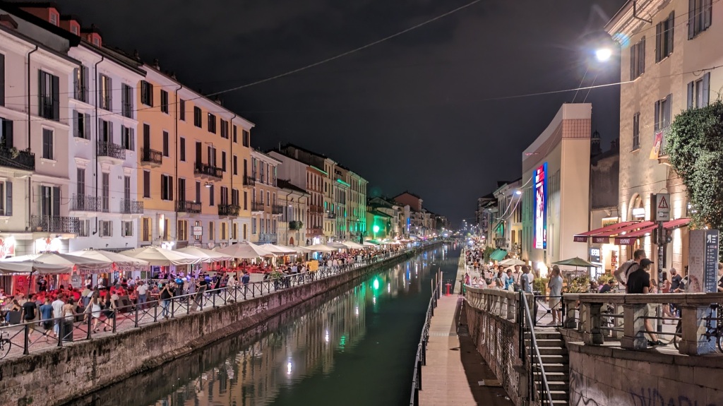 Navigli canal district at night in Milan, Italy